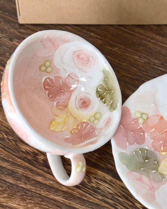 Yuzuriha Flower coffee cup set 釉彩ローズ (Gift Box)