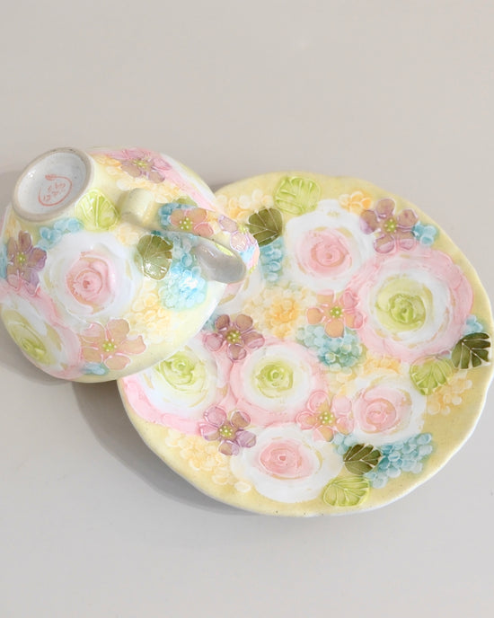 Yuzuriha Flower Coffee Cup Set 黄彩バラ紋 (Gift Box)