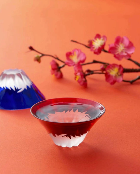 Tajima Fuji Sake Cup Single 55ml(Wooden Box)Blue/Red