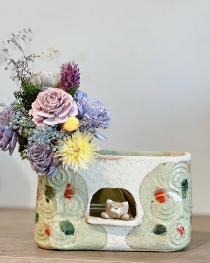 Seto ware Shiba/Kitty Flower Vase/incense burner（Gift Box）