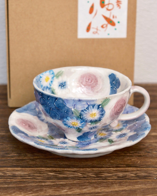 Yuzuriha Coffee cup set 青彩ローズ（Gift Box）