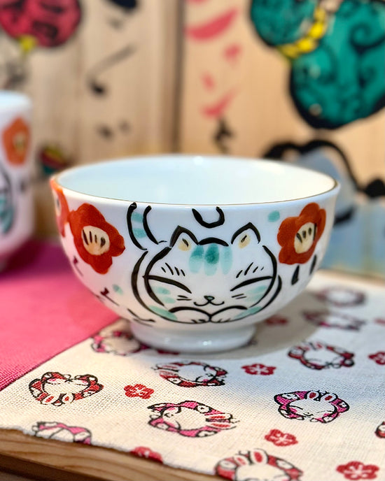 Yudachi Gama ぬくぬくにやんこ Rice Bowl/Tea Cup (Gift Box)