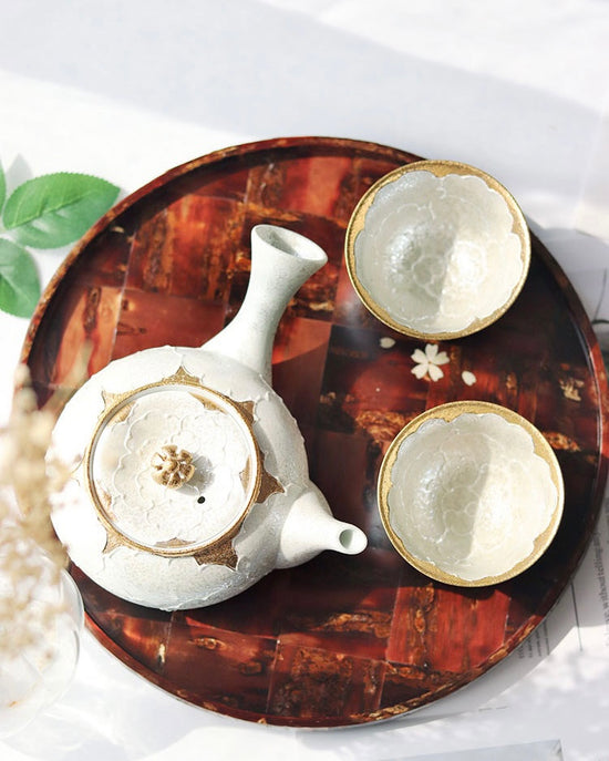 Arita Ware White Gold Peony Teapot Set (Wooden Box)