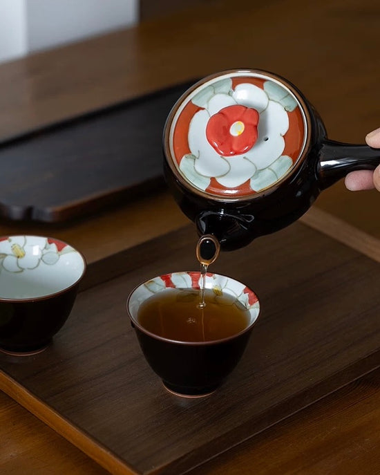 Arita ware Red Camellia Teapot set(Wooden Box)