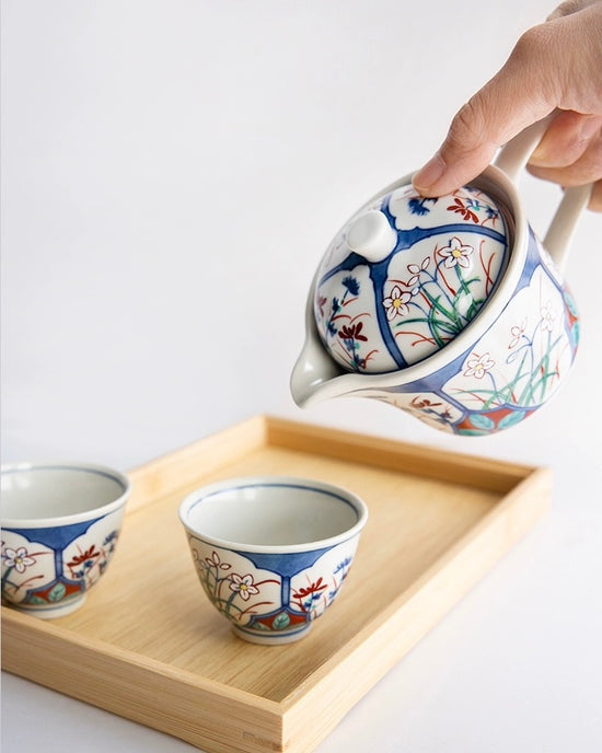 Arita ware Handdraw Flower teapot set(Wooden Box)