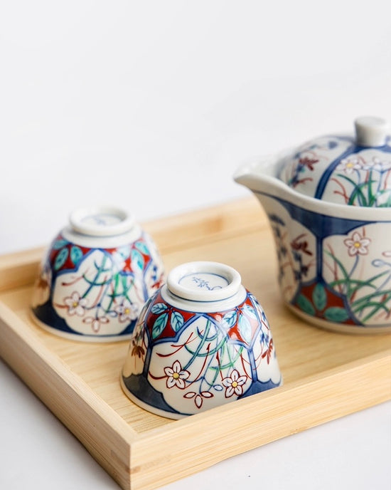 Arita ware Handdraw Flower teapot set(Wooden Box)