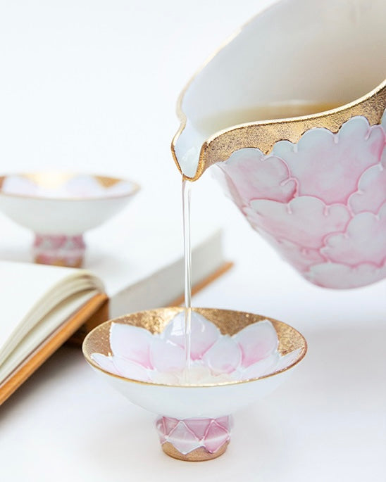 Arita Ware Pink Gold Peony Tea/Sake Set (Gift Box)