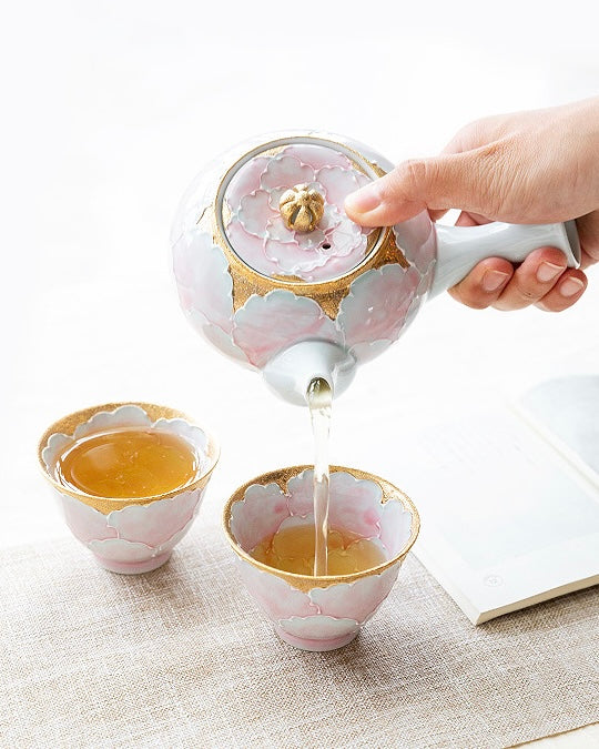 Arita Ware Pink Gold Peony Teapot Set (Wooden Box)