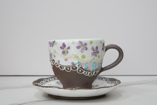 Artist 福田百惠 100ml Coffee Cup Set Purple Small Flowers