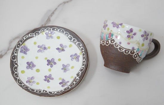 Artist 福田百惠 100ml Coffee Cup Set Purple Small Flowers