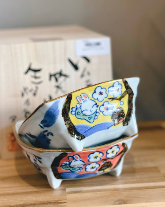 Yudachi 幸せうさぎ Pair Bowl(Wooden Box)