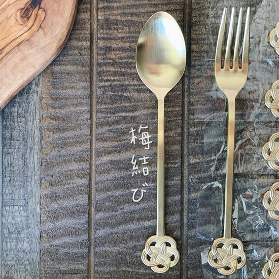 日本制燕市梅结金色餐具叉勺-甜品叉勺